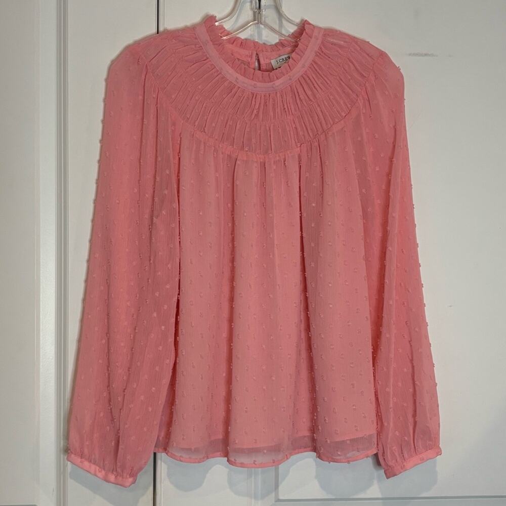 J. Crew Factory Clip Dot Smocked Ruffle Neck Pink M